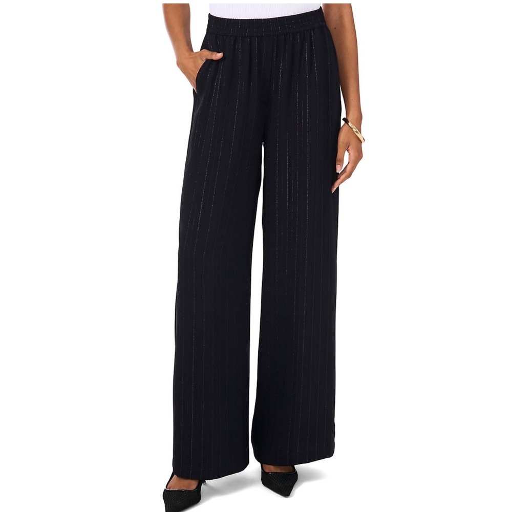 Vince‎ Camuto Womens Glitter Stripe Wide Leg Pants Rich Black Size Medium NEW